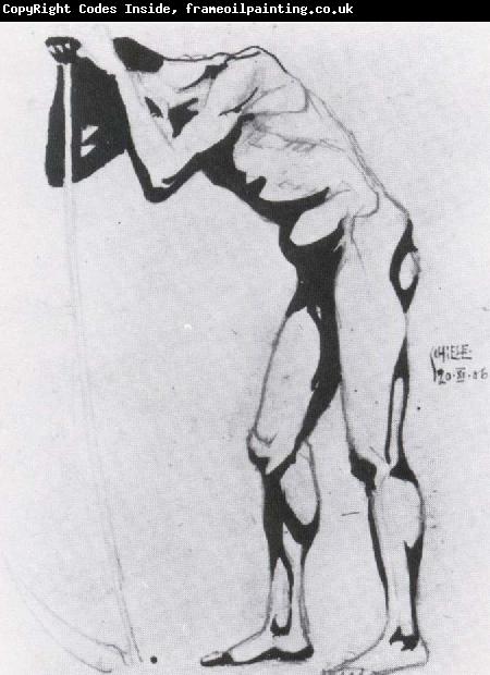 Egon Schiele Standing male nude leaning or a scythe
